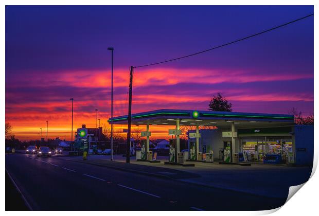 Petrol station sunrise. Print by Bill Allsopp
