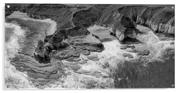 Thornwick Bay and Little Thornwick monochrome Acrylic by Graham Moore