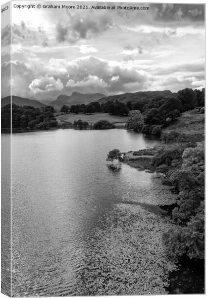Loughrigg Tarn and the Langdale Pikes monochrome Canvas Print by Graham Moore
