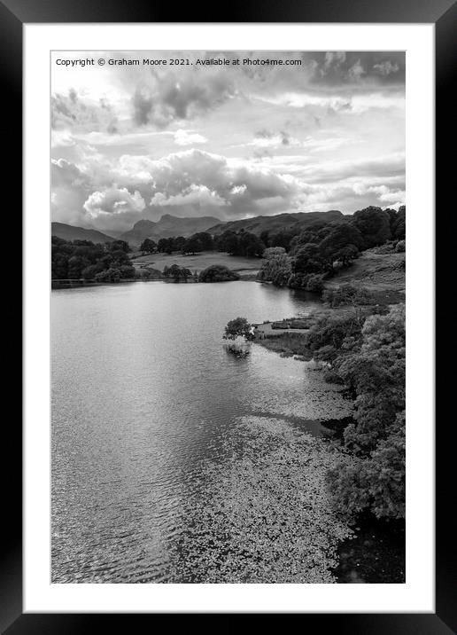 Loughrigg Tarn and the Langdale Pikes monochrome Framed Mounted Print by Graham Moore
