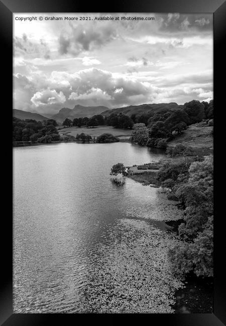 Loughrigg Tarn and the Langdale Pikes monochrome Framed Print by Graham Moore