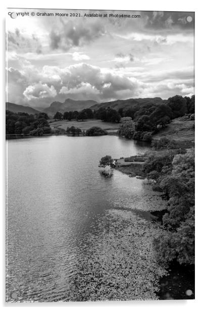 Loughrigg Tarn and the Langdale Pikes monochrome Acrylic by Graham Moore