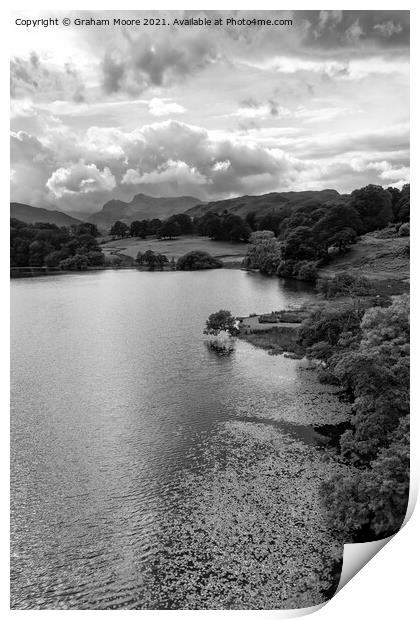 Loughrigg Tarn and the Langdale Pikes monochrome Print by Graham Moore