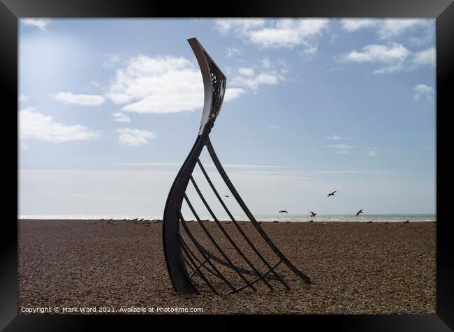 The Landing Sculpture on Hastings Beach Framed Print by Mark Ward