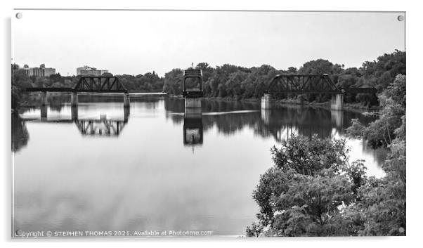 Bergen Cutoff Bridge (Red River, Winnipeg) in Black and white Acrylic by STEPHEN THOMAS