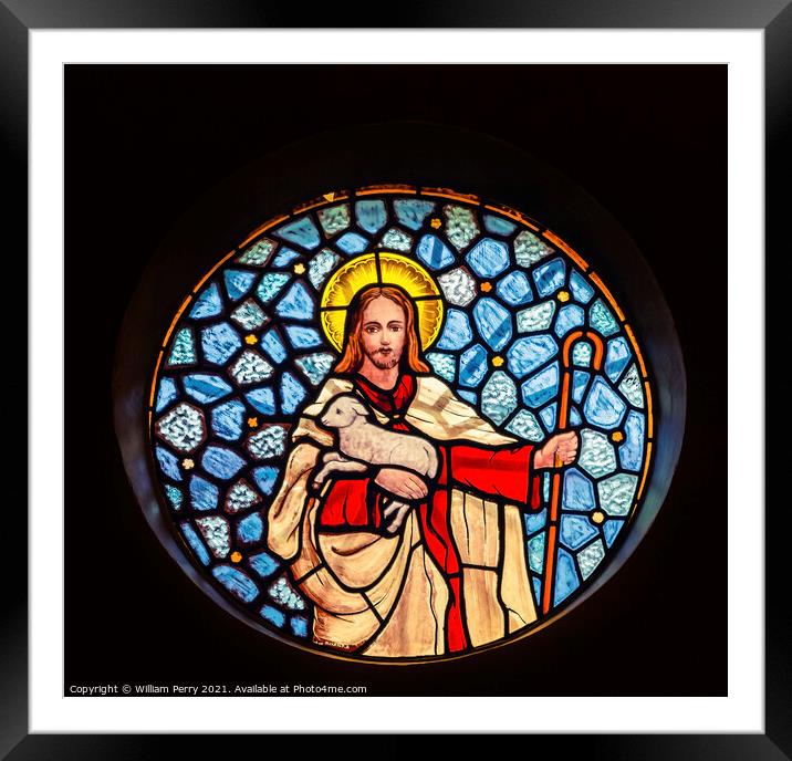 Jesus Lamb Stained Glass Cathedral Punta Arenas Chile Framed Mounted Print by William Perry