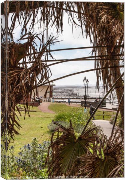 Hunstanton park looking through  palm trees to the coast Canvas Print by Holly Burgess