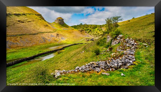 Cressbrook Dale in warm evening light Framed Print by Chris Drabble