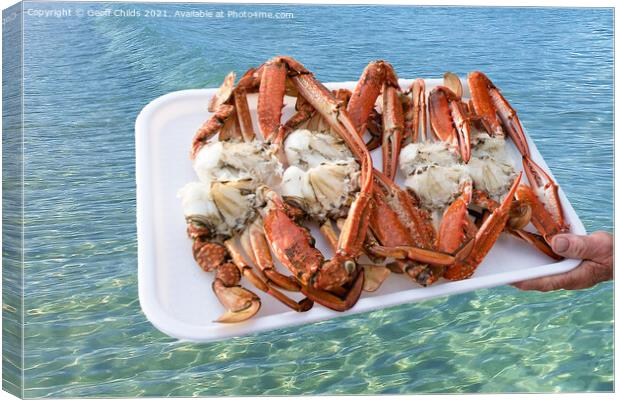 A platter of freshly caught and cooked Blue Swimmer Crabs  Canvas Print by Geoff Childs