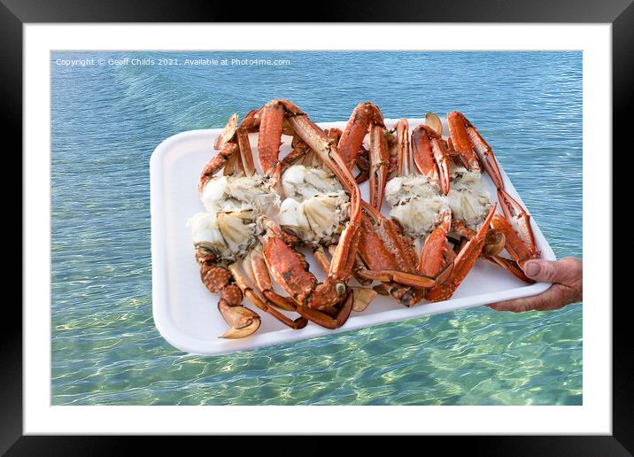 A platter of freshly caught and cooked Blue Swimmer Crabs  Framed Mounted Print by Geoff Childs