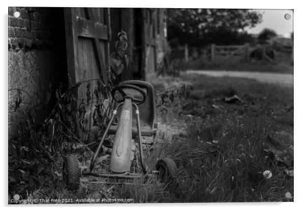 Old childs Gocart outside a deserted farm building Acrylic by That Foto