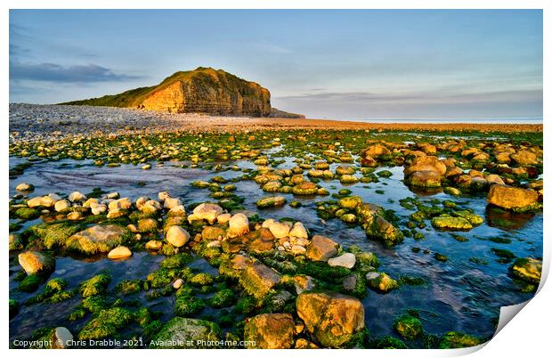 Llantwit Major Beach and Cliffs in last light Print by Chris Drabble