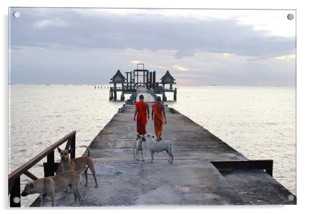 Thai monks on the bridge or Pier , which leads to the never finished and abandoned Thai temple right on the Gulf in Thailand in the province of Chonburi Acrylic by Wilfried Strang