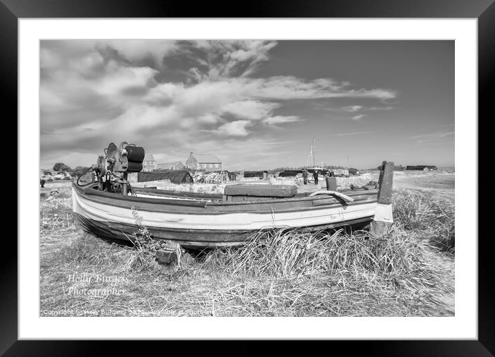 Holy island, boat in the sand on the beach in black and white  Framed Mounted Print by Holly Burgess
