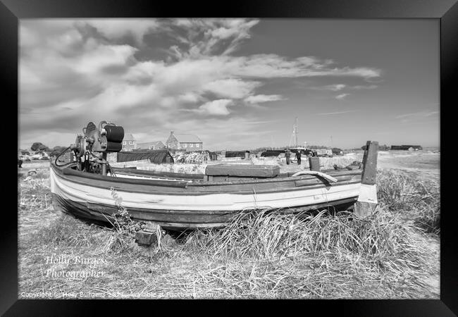 Holy island, boat in the sand on the beach in black and white  Framed Print by Holly Burgess