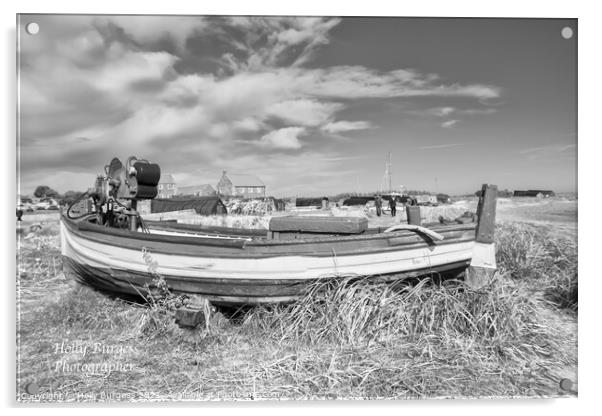 Holy island, boat in the sand on the beach in black and white  Acrylic by Holly Burgess