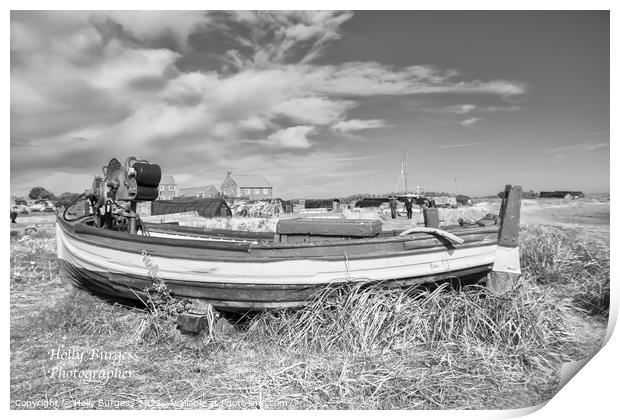 Holy island, boat in the sand on the beach in black and white  Print by Holly Burgess