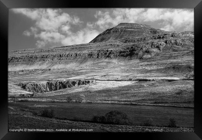 Ingleborough peak Yorkshire Monochrome Framed Print by Diana Mower