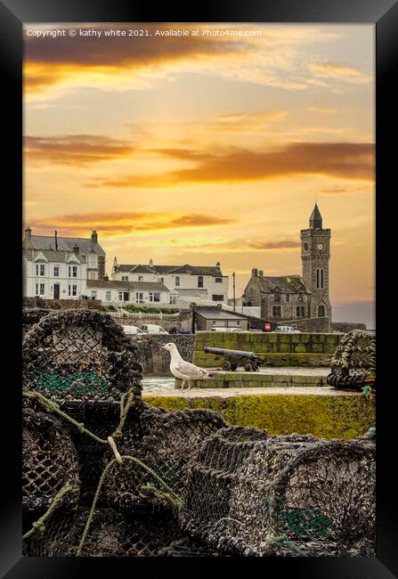 Porthleven Harbour Cornwall, at sunset Framed Print by kathy white
