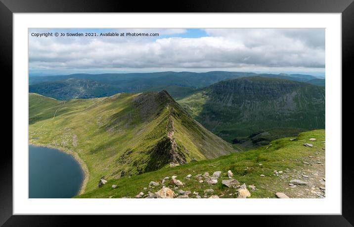 Striding Edge, from the top of Helvellyn, the Lake Framed Mounted Print by Jo Sowden