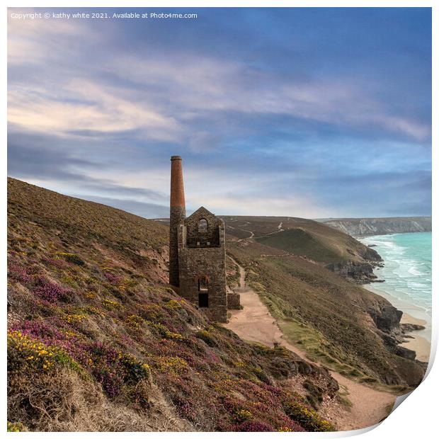 St Agnes Head and  Chapel Porth,Wheal Coates,summe Print by kathy white
