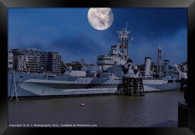 The Moon over HMS Belfast -Town-class light cruise Framed Print by M. J. Photography