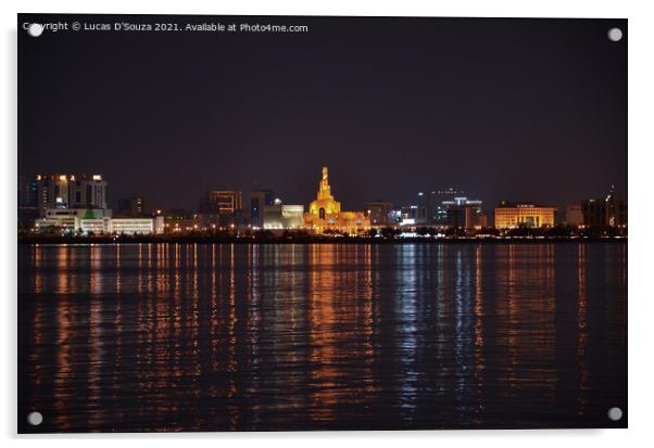 Night view of Doha corniche  Acrylic by Lucas D'Souza