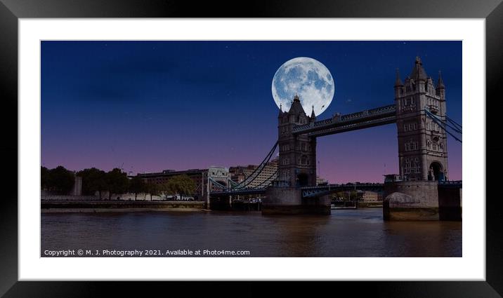 The Moon over the Tower bridge in London Framed Mounted Print by M. J. Photography