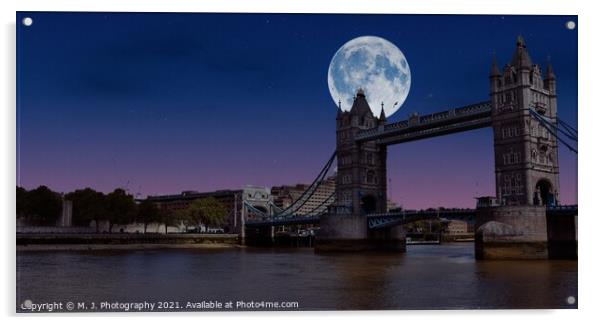The Moon over the Tower bridge in London Acrylic by M. J. Photography