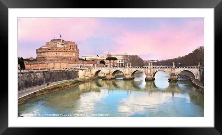 An Angel bridge over a body of water in Rome - Ita Framed Mounted Print by M. J. Photography