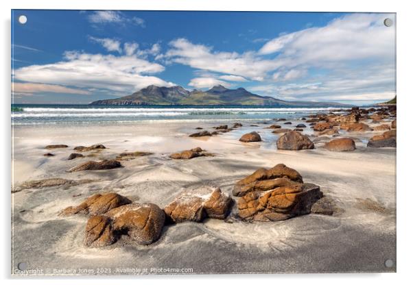  View of Rum from Laig Beach Isle of Eigg Scotland Acrylic by Barbara Jones