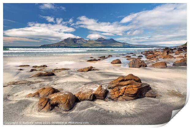  View of Rum from Laig Beach Isle of Eigg Scotland Print by Barbara Jones