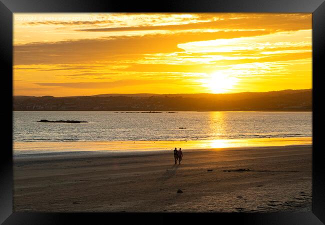 Romantic walk,golden sunset,Cornwall Framed Print by kathy white