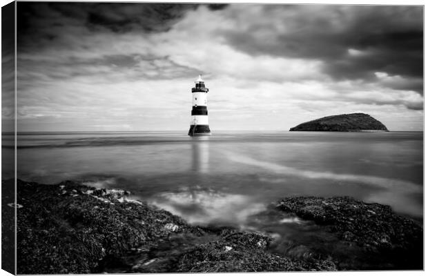 Penmon lighthouse black and white 571  Canvas Print by PHILIP CHALK