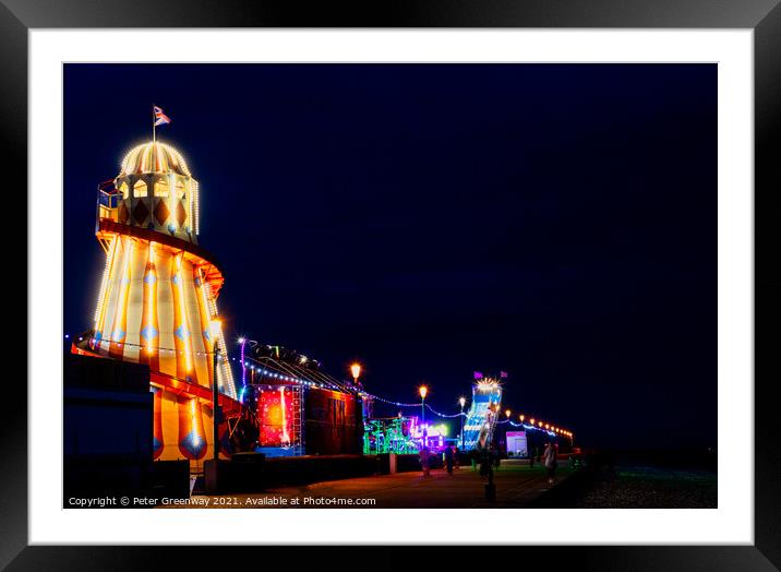 Illuminated Helter Skelter At The Hunstanton Seafront Funfair Framed Mounted Print by Peter Greenway
