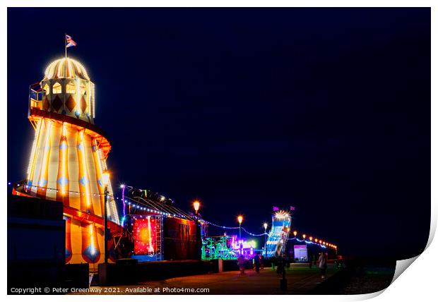 Illuminated Helter Skelter At The Hunstanton Seafront Funfair Print by Peter Greenway
