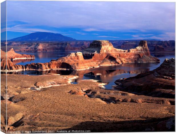 Padre Bay and Gunsight Butte from Romana Mesa Canvas Print by Mark Sunderland