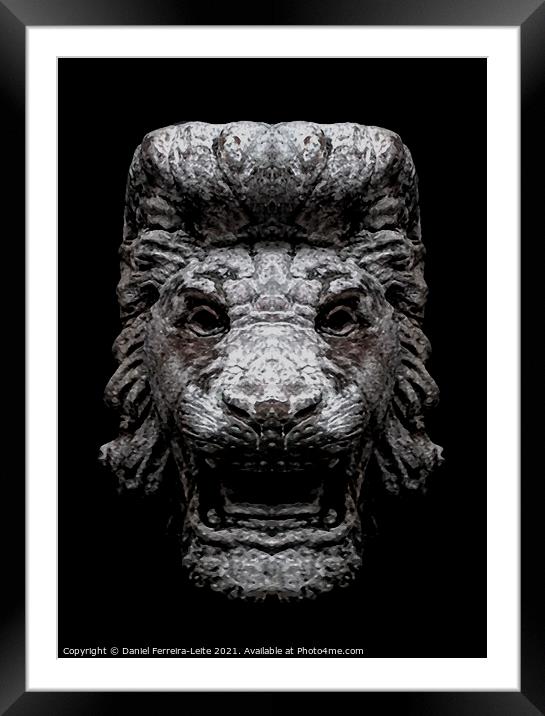 Creepy Lion Head Sculpture Over Black Framed Mounted Print by Daniel Ferreira-Leite