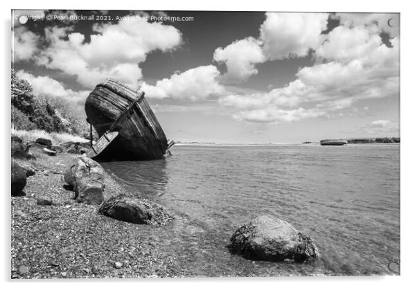 Traeth Dulas Ship Wreck Anglesey Black and White Acrylic by Pearl Bucknall