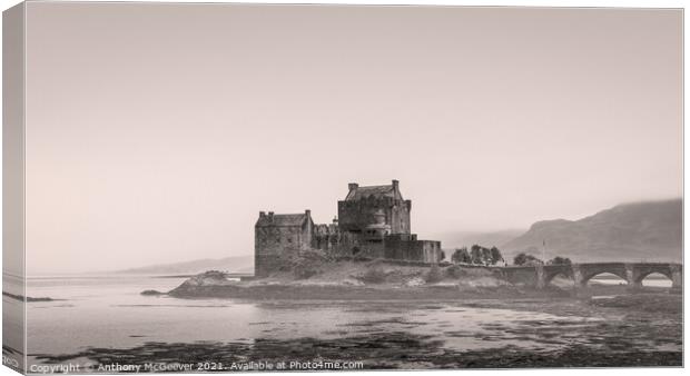 Eilean Donan Castle in vintage black and white  Canvas Print by Anthony McGeever