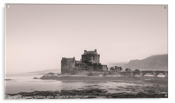 Eilean Donan Castle in vintage black and white  Acrylic by Anthony McGeever