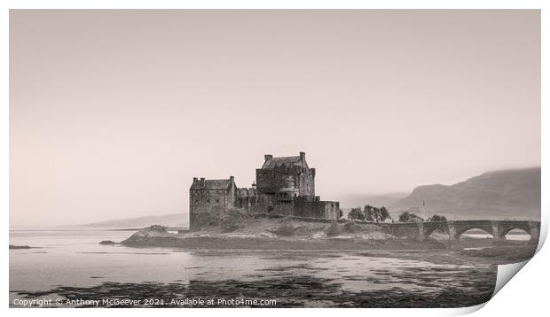 Eilean Donan Castle in vintage black and white  Print by Anthony McGeever