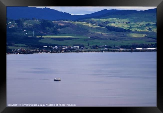 Tourist Boat cruising along Lake Rotorua Framed Print by Errol D'Souza