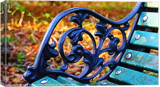 Ironwork on A Bench in Autumn Canvas Print by GJS Photography Artist