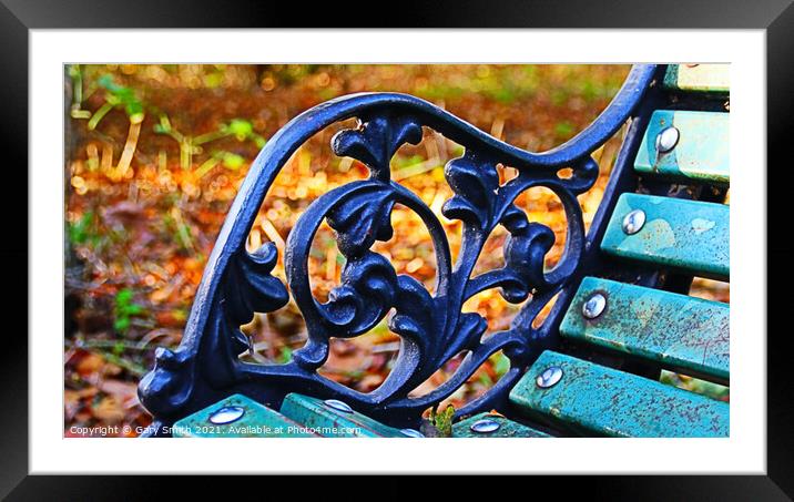 Ironwork on A Bench in Autumn Framed Mounted Print by GJS Photography Artist