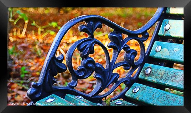 Ironwork on A Bench in Autumn Framed Print by GJS Photography Artist