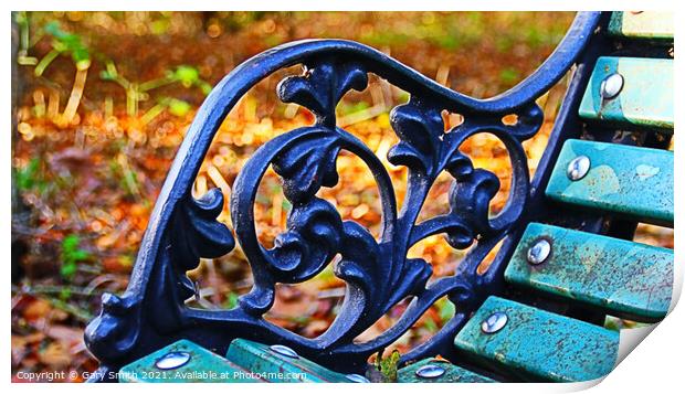 Ironwork on A Bench in Autumn Print by GJS Photography Artist