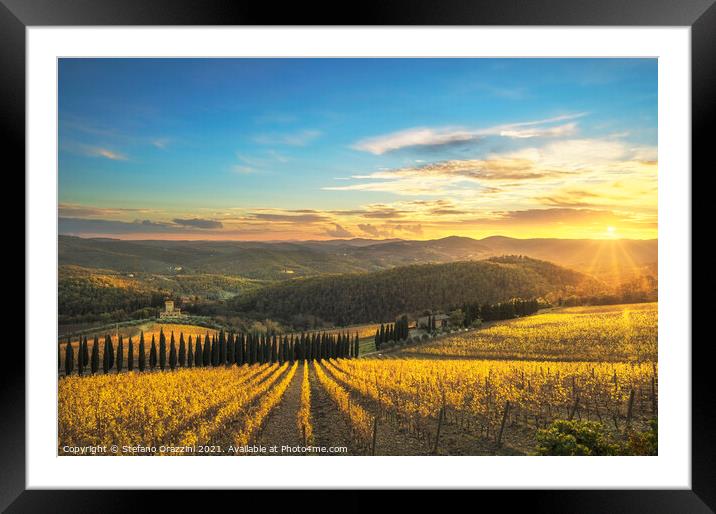 Chianti vineyards at sunset. Tuscany Framed Mounted Print by Stefano Orazzini
