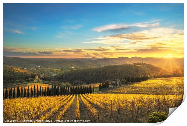 Chianti vineyards at sunset. Tuscany Print by Stefano Orazzini