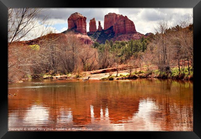 Cathedral Rock Canyon Oak Creek Reflection Sedona Arizona Framed Print by William Perry